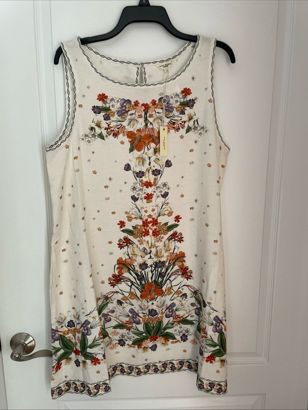 NWT $168 Max Studio London Linen Blend Ivory Floral Pockets A-Line Dress Large - Picture 2 of 11